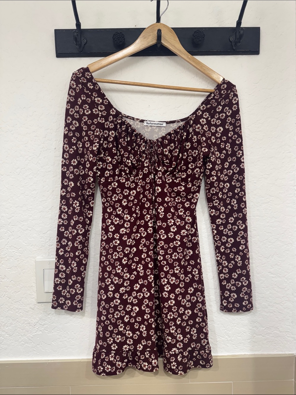 Reformation Wine Red Floral Long-Sleeve Mini Dress